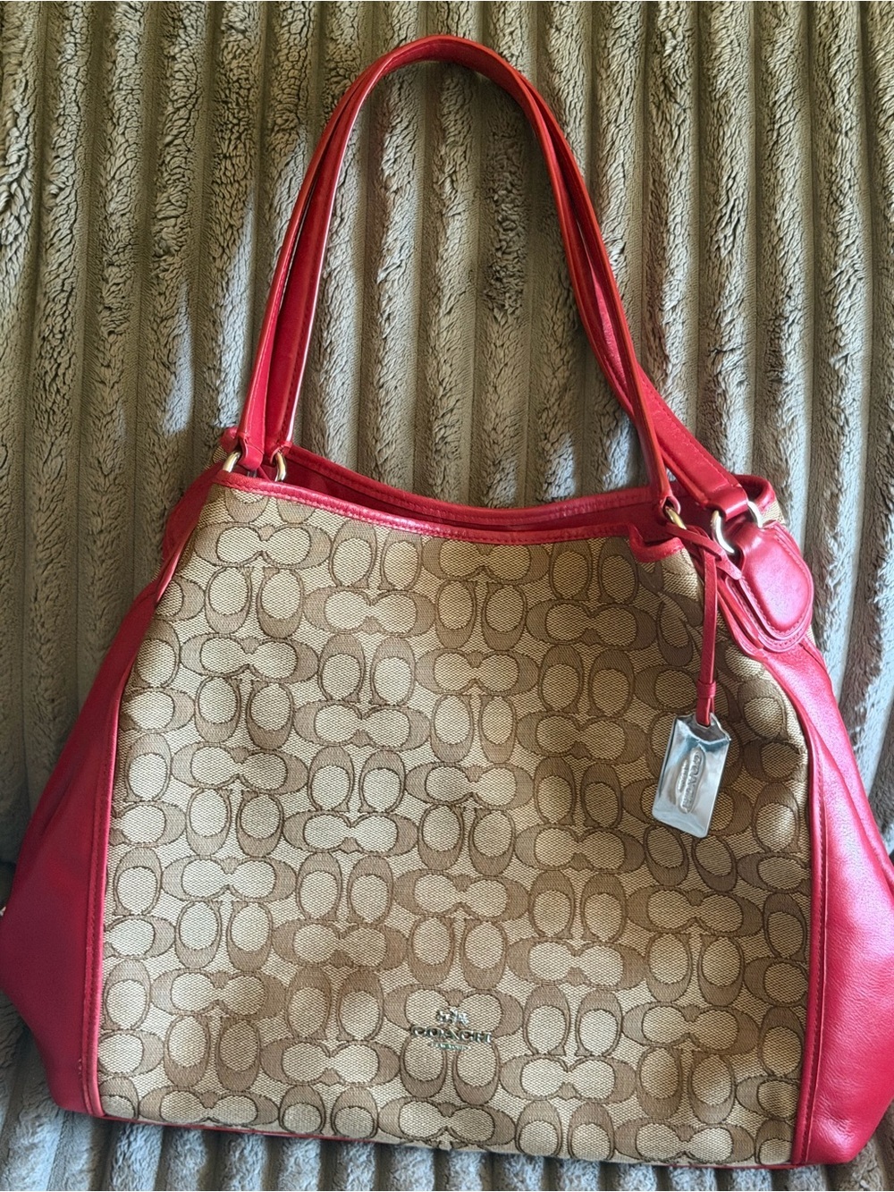 Coach Signature Canvas Shoulder Bag Red Leather Trim
